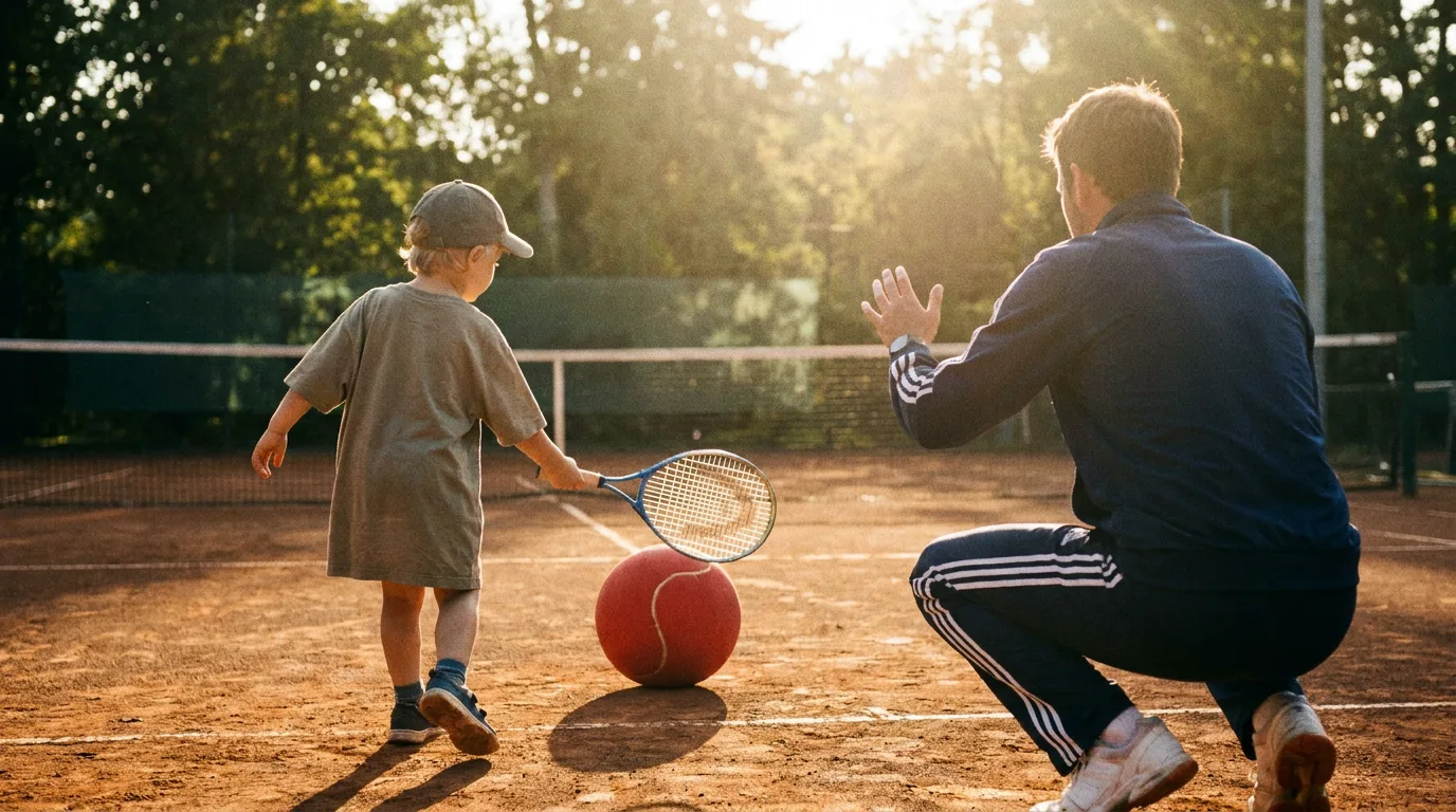 A young child learning to hit a tennis ball with a coach on a brightly lit court.