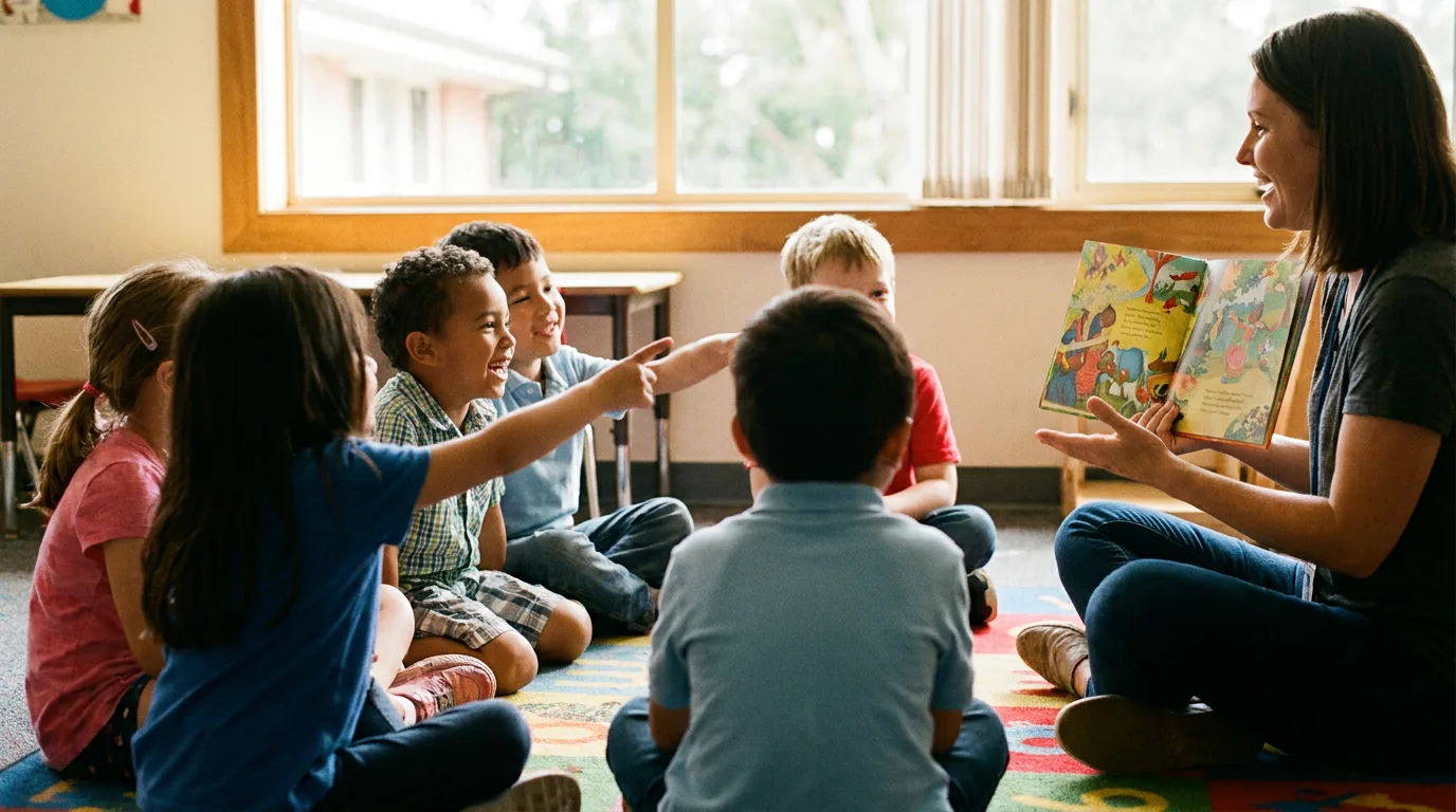 Children sitting together listening to a story in a bright, modern learning environment.