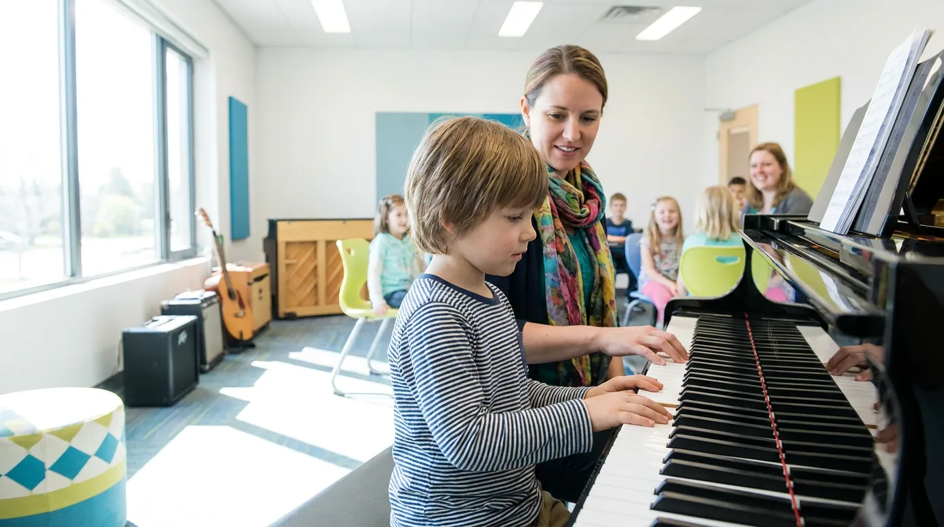 Un niño pequeño y un profesor al piano durante una clase de música en un estudio bien iluminado.