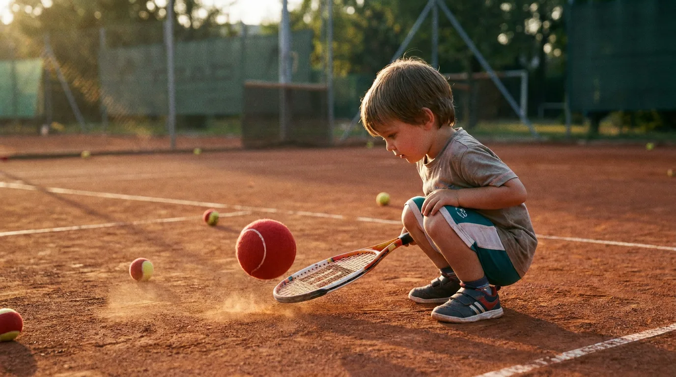 A young child practicing tennis with a small racket and a red foam ball on a clay court in the sun.