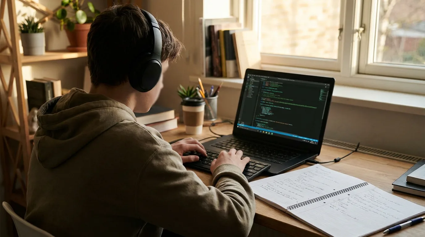 Un adolescente trabajando en un proyecto de programación con un portátil en una habitación moderna y luminosa.