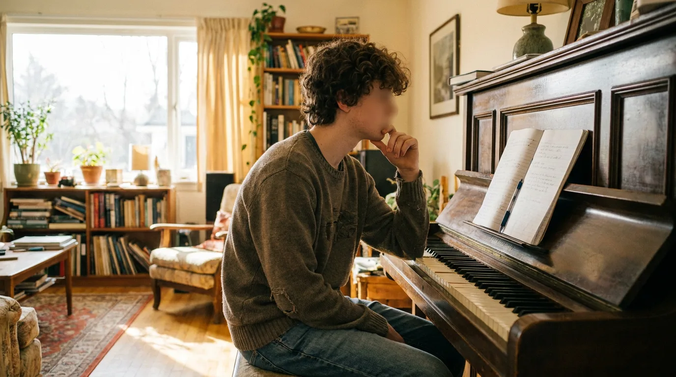 A teenager sitting at a piano in a bright room, looking at a music notebook during a practice session.
