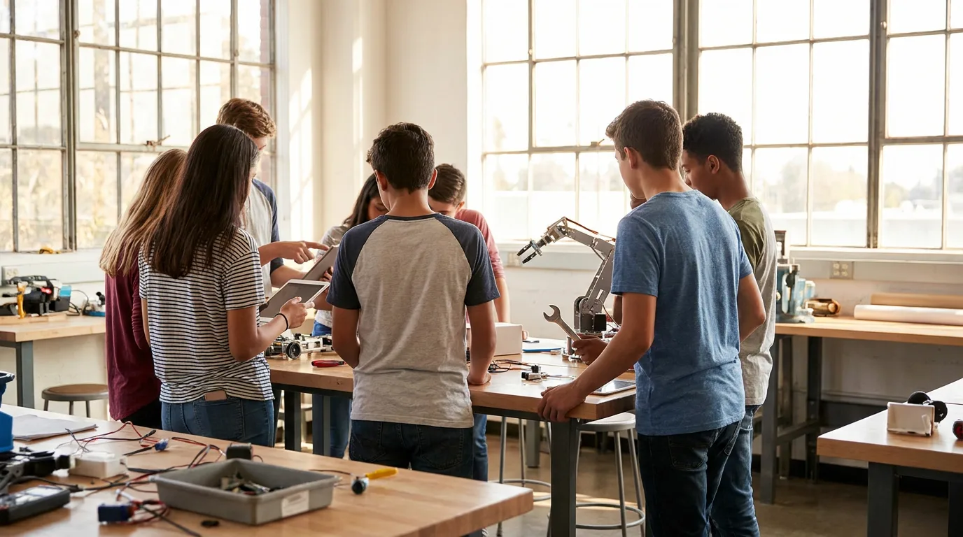 Teenagers working together on a technical project in a bright, modern workshop setting, reflecting future-ready skills.